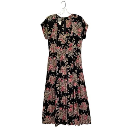 Vintage 90s does 40s Rabbit Rabbit Sweetheart Neck Dark Floral Midi Dress Sz 10 - Picture 3 of 9